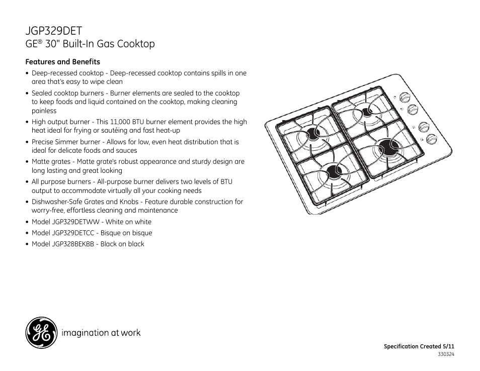 Jgp329det, 30" built-in gas cooktop | GE JGP329DETBB User Manual | Page 2 / 2