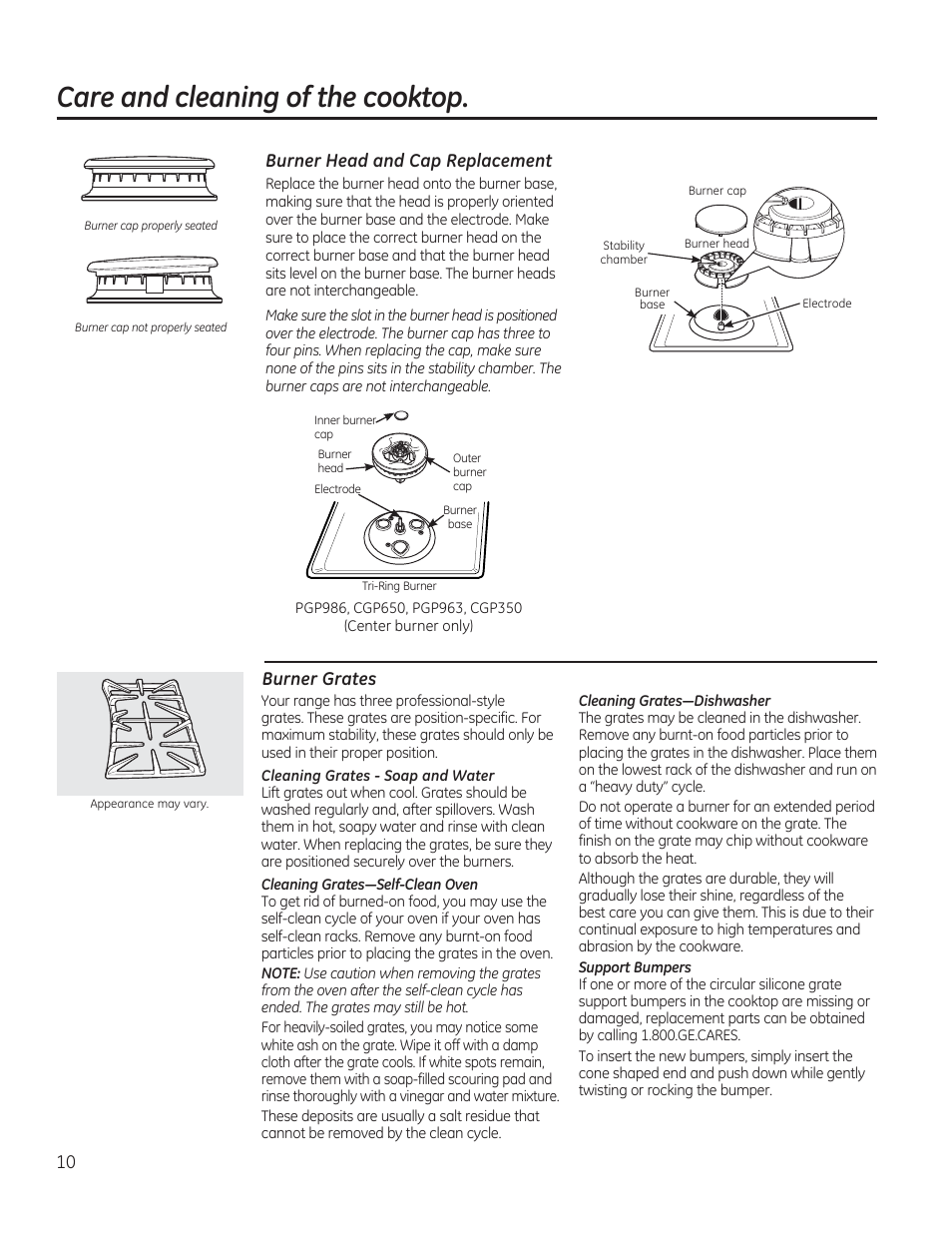 Care and cleaning of the cooktop, Burner head and cap replacement, Burner grates | Burner bases, Jrrnri/^jrvfty | GE PGP953DETWW User Manual | Page 10 / 48