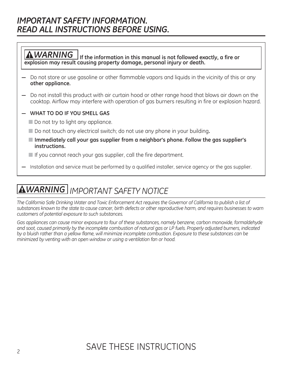 Important safety information, Read all instructions before using, Awarning | Awarning i important safety notice, Save these instructions, Important safety notice, Awarning i | GE PGP953DETWW User Manual | Page 2 / 48