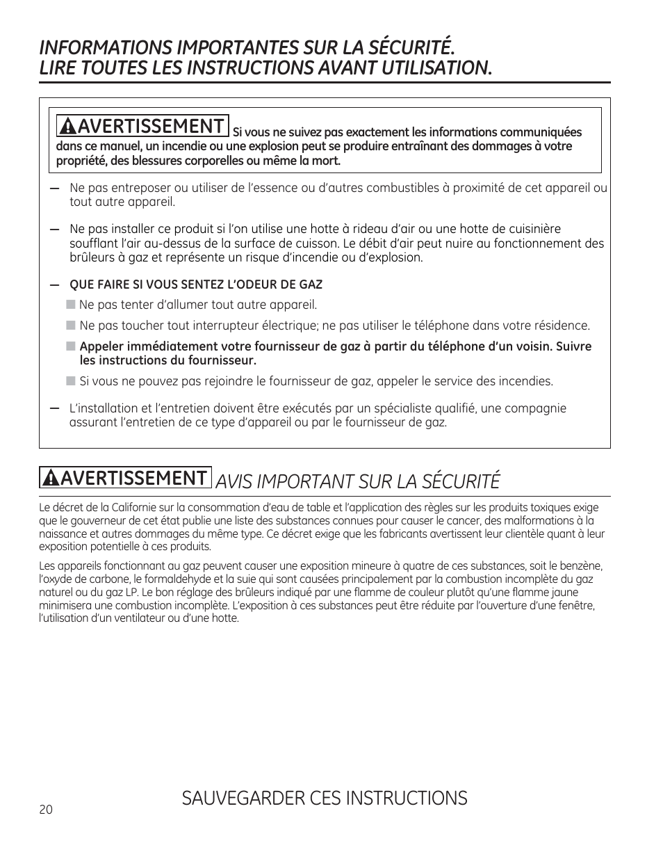 Informations importantes sur la securite, Lire toutes les instructions avant utilisation, Sauvegarder ces instructions | GE PGP953DETWW User Manual | Page 20 / 48