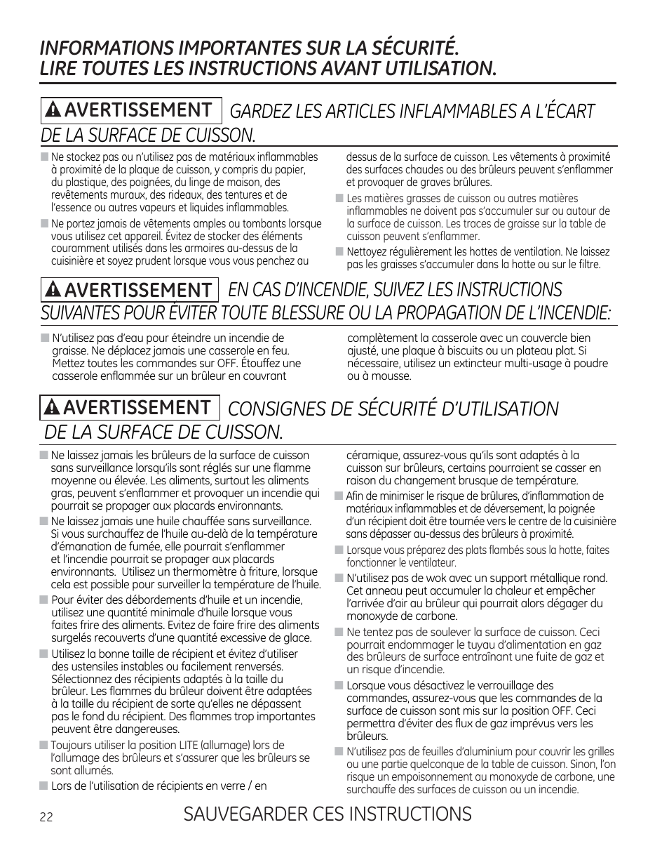 Informations importantes sur la securite, Lire toutes les instructions avant utilisation, Gardez les articles inflammables a l'ecart | De la surface de cuisson, De la plaque de cuisson, Sauvegarder ces instructions | GE PGP953DETWW User Manual | Page 22 / 48