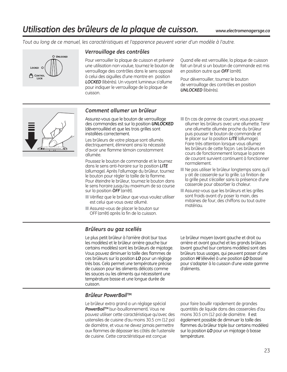 Comment allumer un brûleur, Brûleurs au gaz scellés, Brûleur powerboilt | Brûleur powerboil™ brûleurs au gaz scellés, Utilisation des brûleurs de la plaque de cuisson | GE PGP953DETWW User Manual | Page 23 / 48