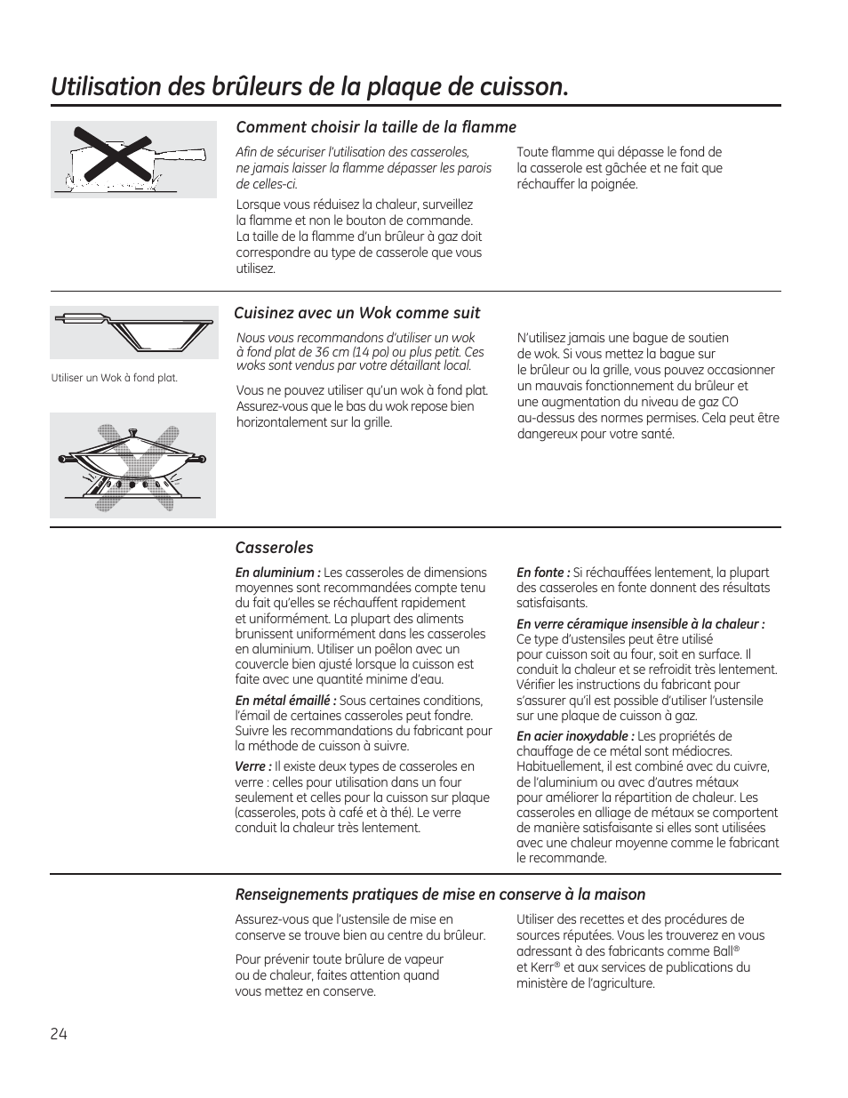 Utilisation des brûleurs de la plaque de cuisson, Comment choisir la taille de la flamme, Cuisinez avec un wok comme suit | Casseroles | GE PGP953DETWW User Manual | Page 24 / 48