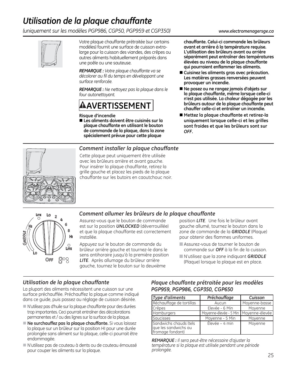 Utilisation de la plaque chauffante, Comment installer la plaque chauffante, Comment allumer les brûleurs | De la plaque chauffante, Avertissement | GE PGP953DETWW User Manual | Page 25 / 48