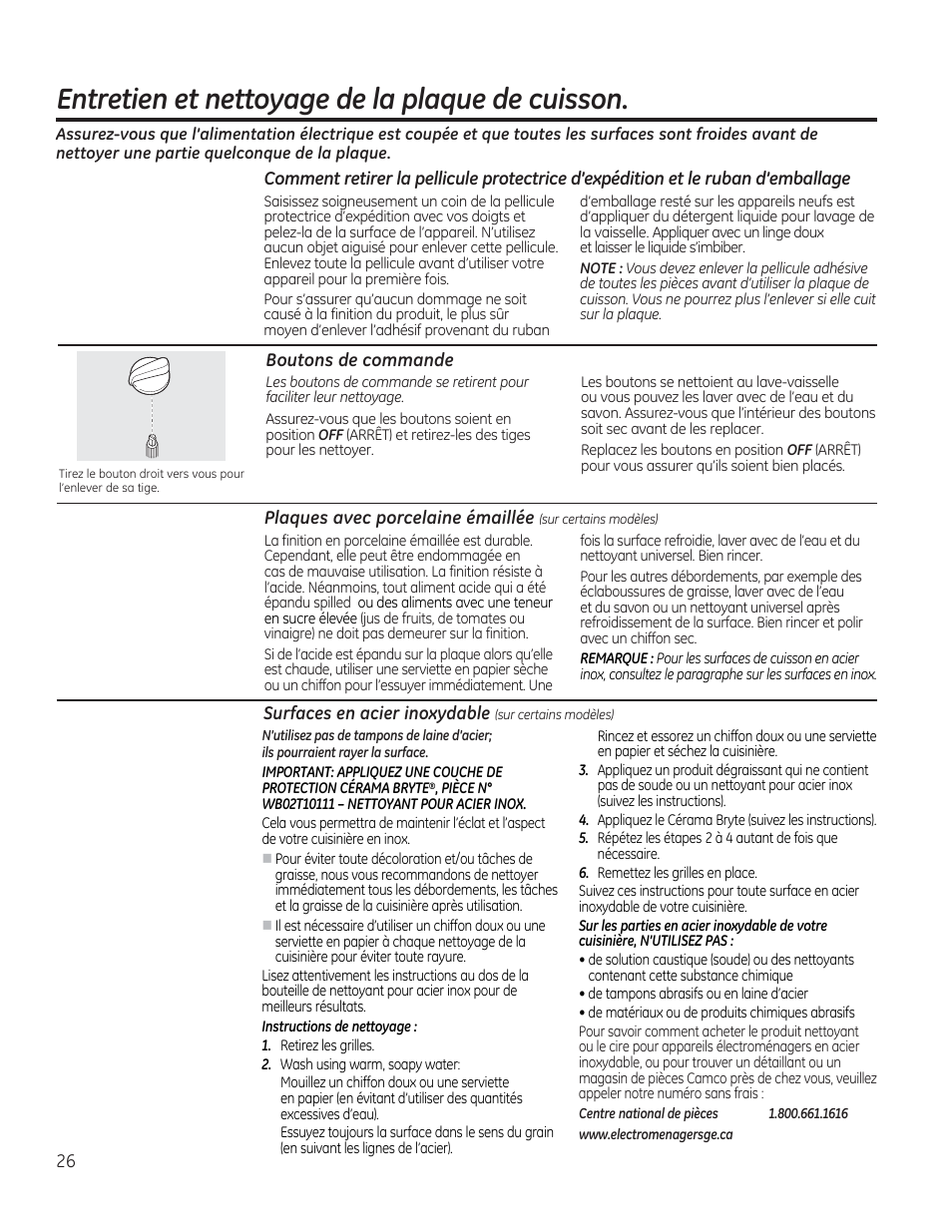 Entretien et nettoyage de la plaque de cuisson, Boutons de commande, Plaques avec porcelaine émaillée (sur | GE PGP953DETWW User Manual | Page 26 / 48