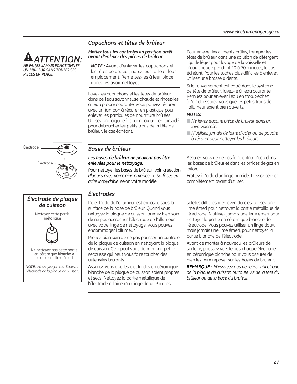Capuchons et têtes de brûleur, Bases de brûleur, Électrodes | Attention | GE PGP953DETWW User Manual | Page 27 / 48