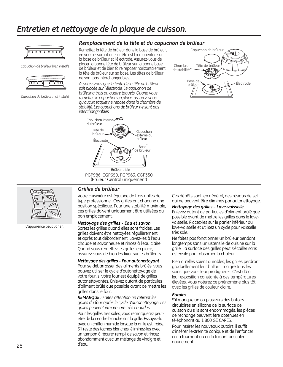 Entretien et nettoyage de la plaque de cuisson, Remplacement de la tête et du capuchon de brûleur, Grilles de brûleur | GE PGP953DETWW User Manual | Page 28 / 48