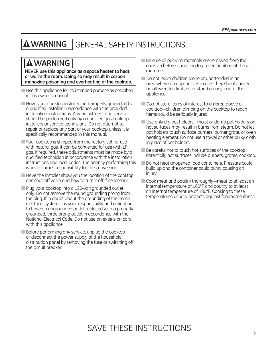 General safety instructions, Safety instructions, Save these instructions | A warning | GE PGP953DETWW User Manual | Page 3 / 48