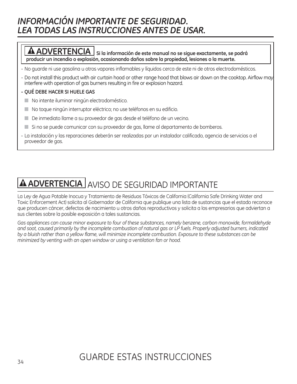 Informacion importante de seguridad, Lea todas las instrucciones antes de usar, Aviso de seguridad importante | Guarde estas instrucciones, A advertencia | GE PGP953DETWW User Manual | Page 34 / 48