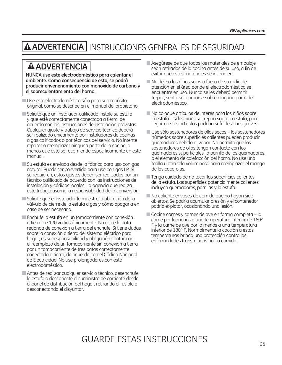Aadvertencia instrucciones generales de seguridad, Guarde estas instrucciones, Aadvertencia | A advertencia, Instrucciones generales de seguridad | GE PGP953DETWW User Manual | Page 35 / 48