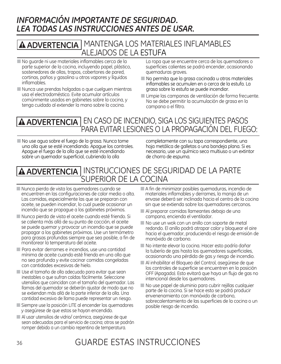 Informacion importante de seguridad, Lea todas las instrucciones antes de usar, Guarde estas instrucciones | A advertencia | GE PGP953DETWW User Manual | Page 36 / 48