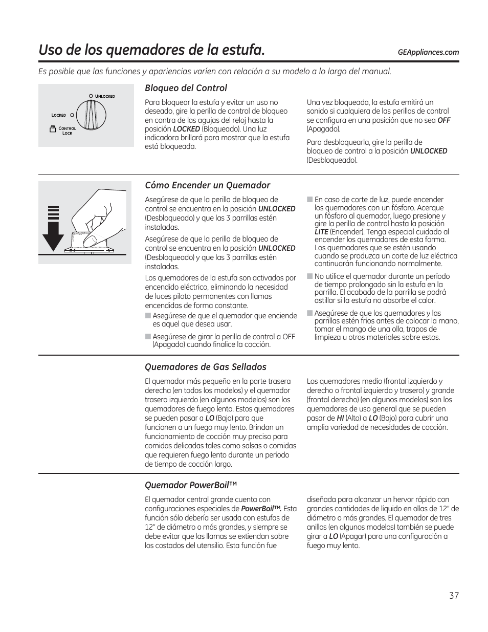 Uso de los quemadores de la estufa, Cómo encender un quemador, Quemadores de gas sellados | Quemador powerboil, Encender un quemador | GE PGP953DETWW User Manual | Page 37 / 48