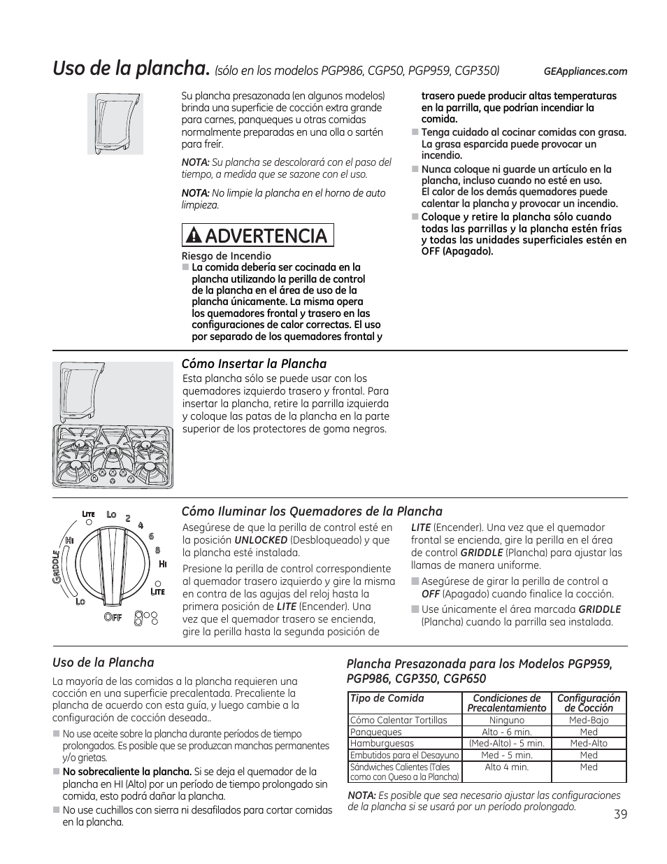 Cómo insertar la plancha, Cómo iluminar los quemadores de la, Plancha | Uso de la plancha, Uso do lo ploncho, A advertencia | GE PGP953DETWW User Manual | Page 39 / 48