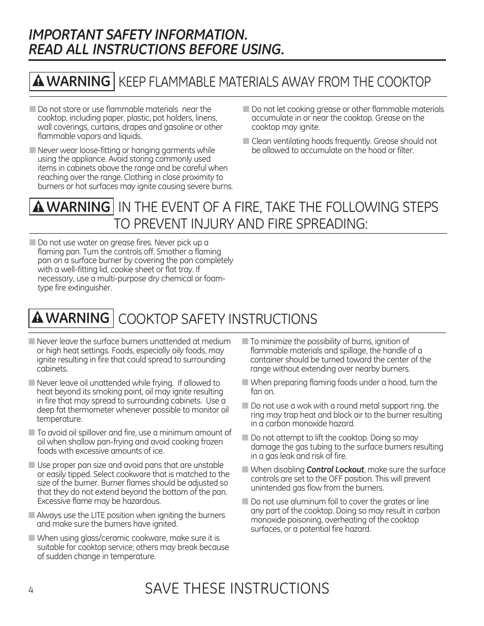 Important safety information, Read all instructions before using, Cooktop safety instructions | Save these instructions, A warning, Keep flammable materials away from the cooktop | GE PGP953DETWW User Manual | Page 4 / 48