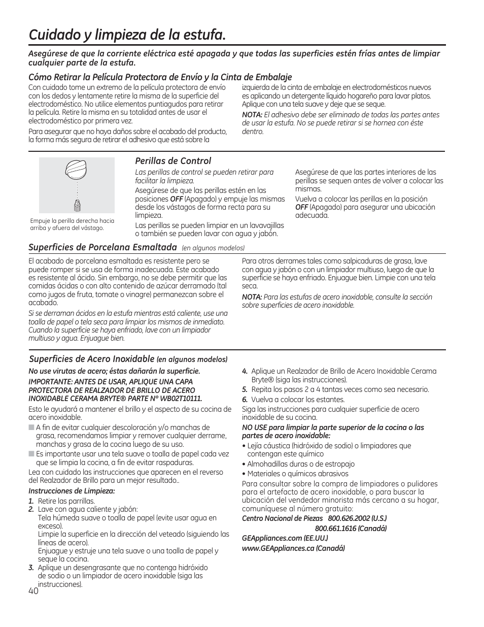 Cuidado y limpieza de la estufa, Perillas de control, Perillos de control | GE PGP953DETWW User Manual | Page 40 / 48