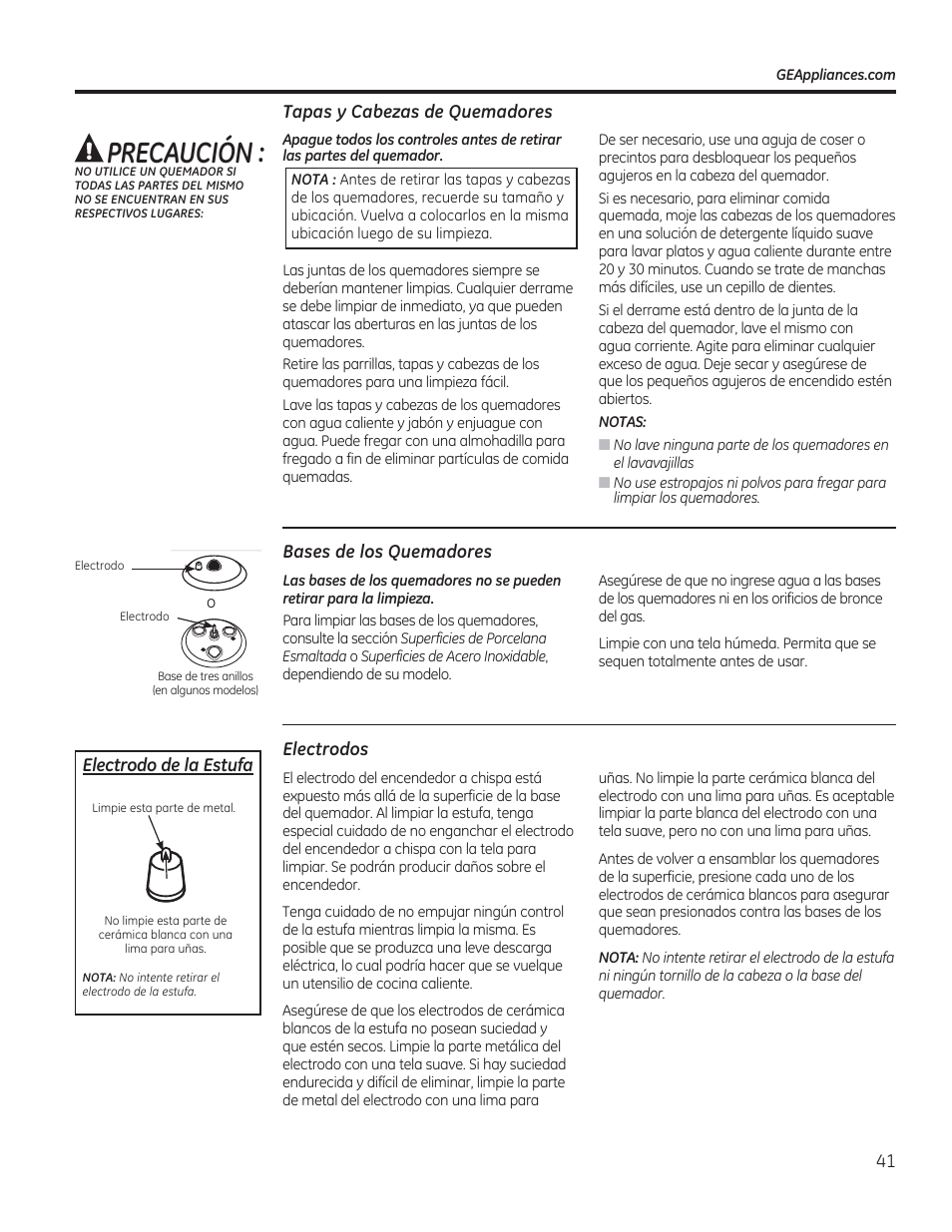 Tapas y cabezas de quemadores, Bases de los quemadores, Electrodos | Precaución | GE PGP953DETWW User Manual | Page 41 / 48