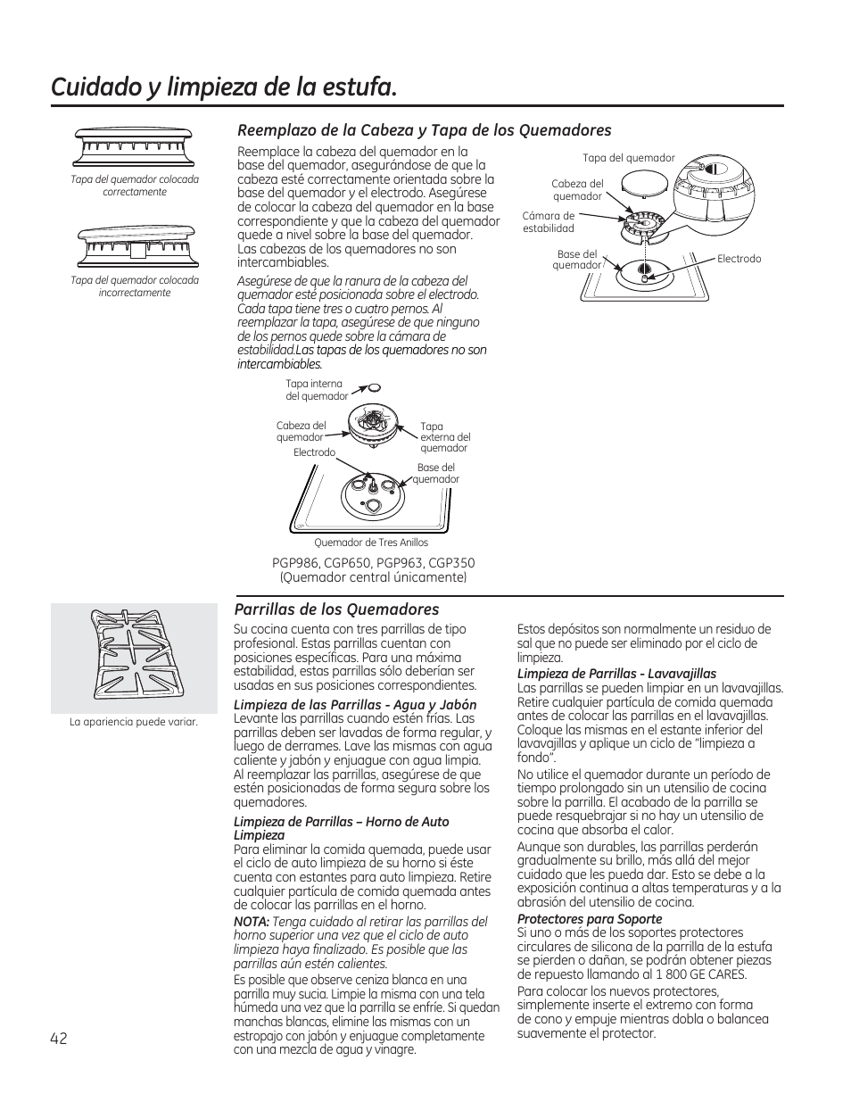 Cuidado у limpieza de la estufa, Reemplazo de la cabeza y tapa de los quemadores, Parrillas de los quemadores | GE PGP953DETWW User Manual | Page 42 / 48