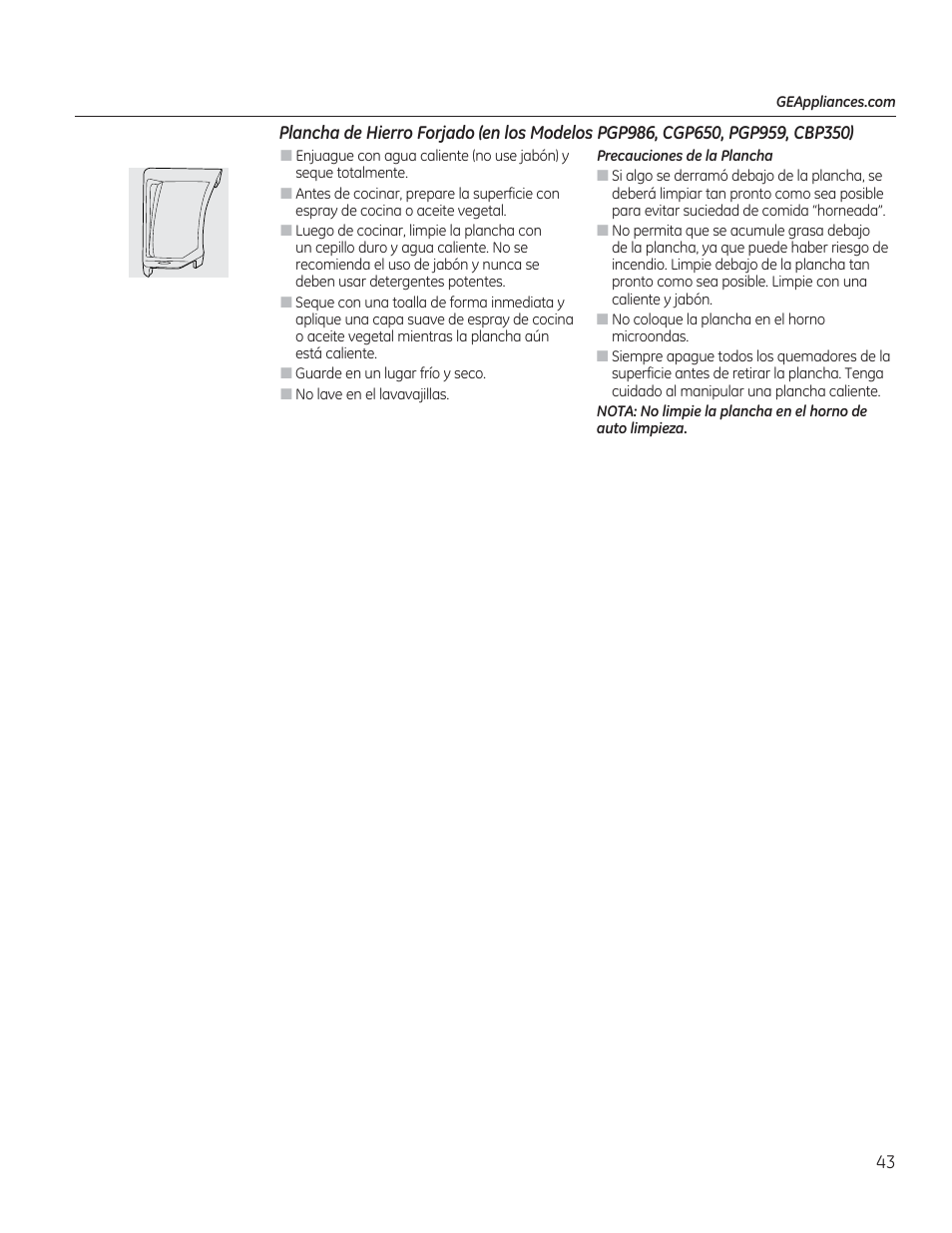 Plancha de hierro forjado (en los modelos, Pgp986, cgp650, pgp959, cbp350) | GE PGP953DETWW User Manual | Page 43 / 48