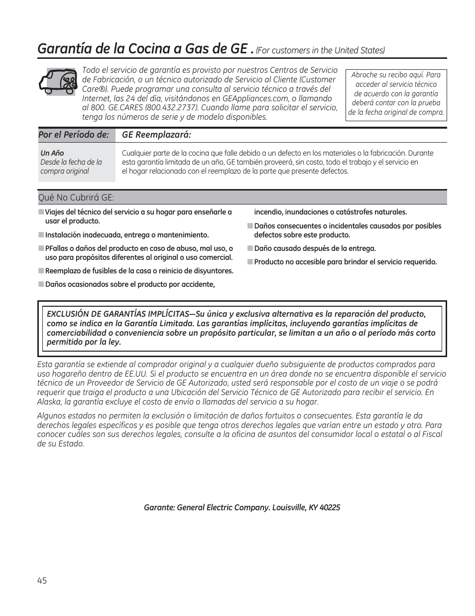 Garantía de ¡a cocina a gas de ge | GE PGP953DETWW User Manual | Page 45 / 48