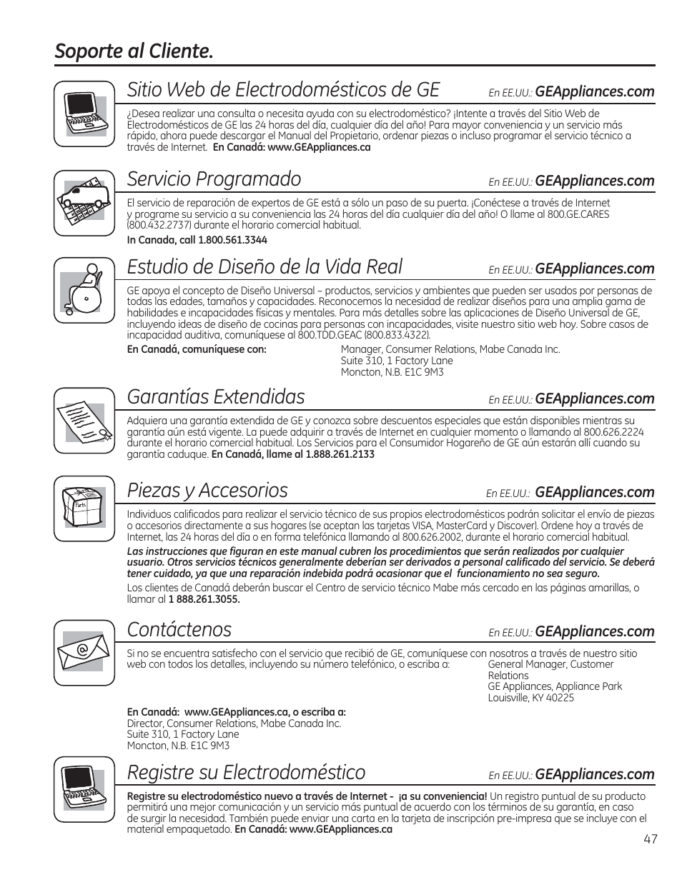 Soporte al cliente, Sitio web de electrodomésticos de ge, Servicio programado | Estudio de diseño de lo vida real, Garantías extendidas, Piezas y accesorios, Registre su electrodoméstico, Gontáctenos | GE PGP953DETWW User Manual | Page 47 / 48