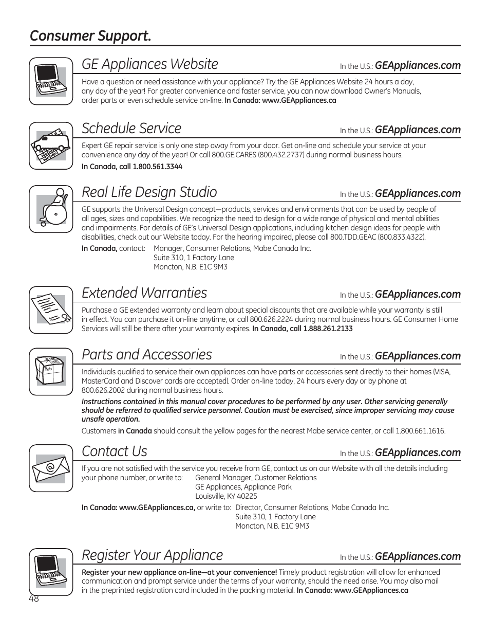 Consumer support, Ge appliances website, Schedule service | Real life design studio, Extended warranties, Parts and accessories, Register your appliance, Contact us | GE PGP953DETWW User Manual | Page 48 / 48