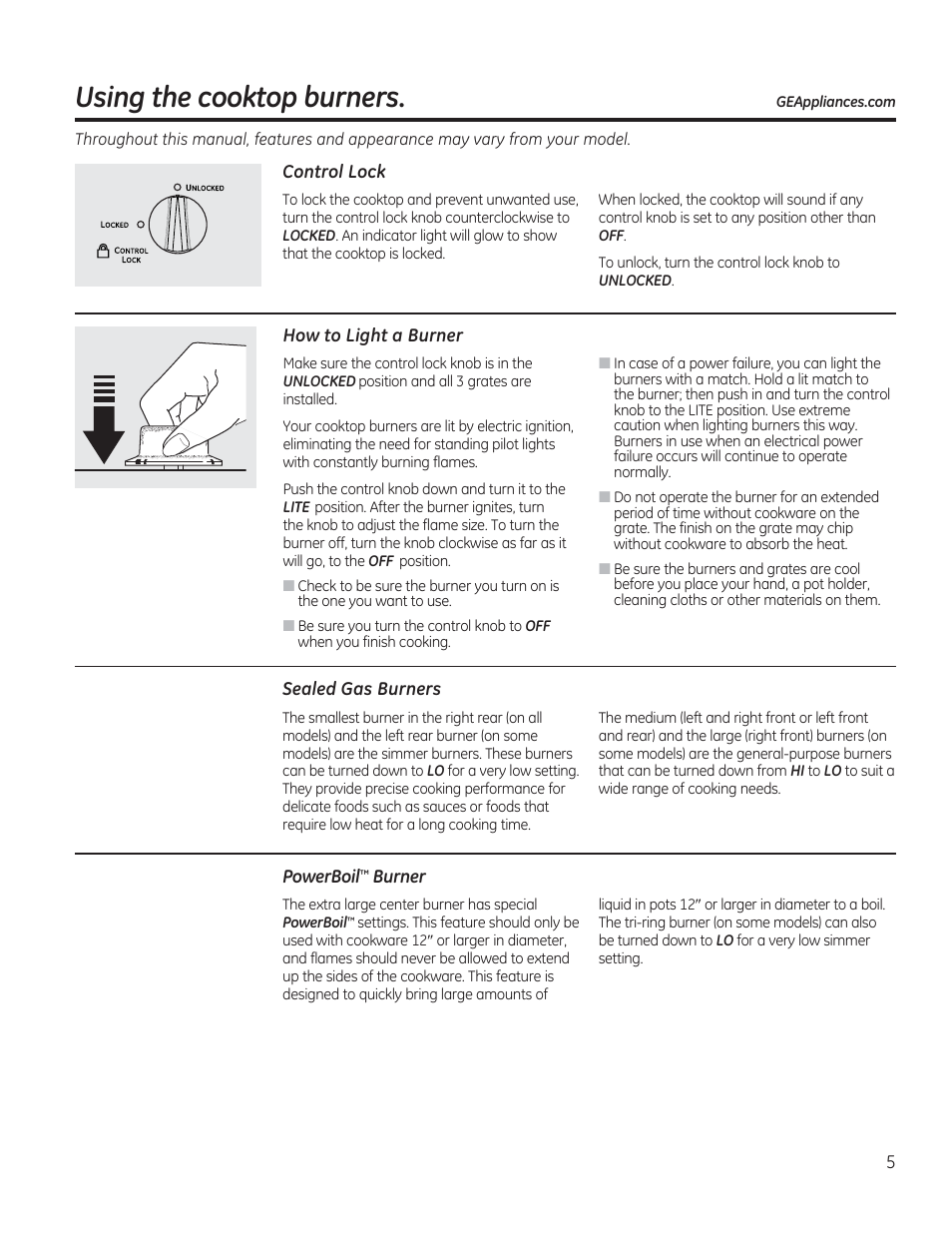 Using the cooktop burners, Control lock, How to light a burner | Sealed gas burners, Powerboir^ burner | GE PGP953DETWW User Manual | Page 5 / 48