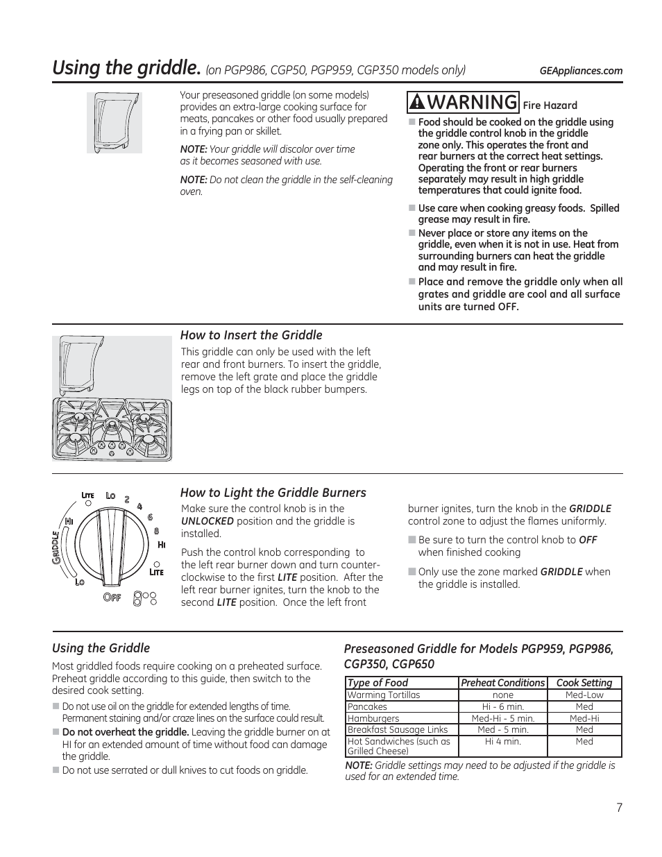 How to insert the griddle, How to light the griddle burners, Using the griddle | Awarning | GE PGP953DETWW User Manual | Page 7 / 48