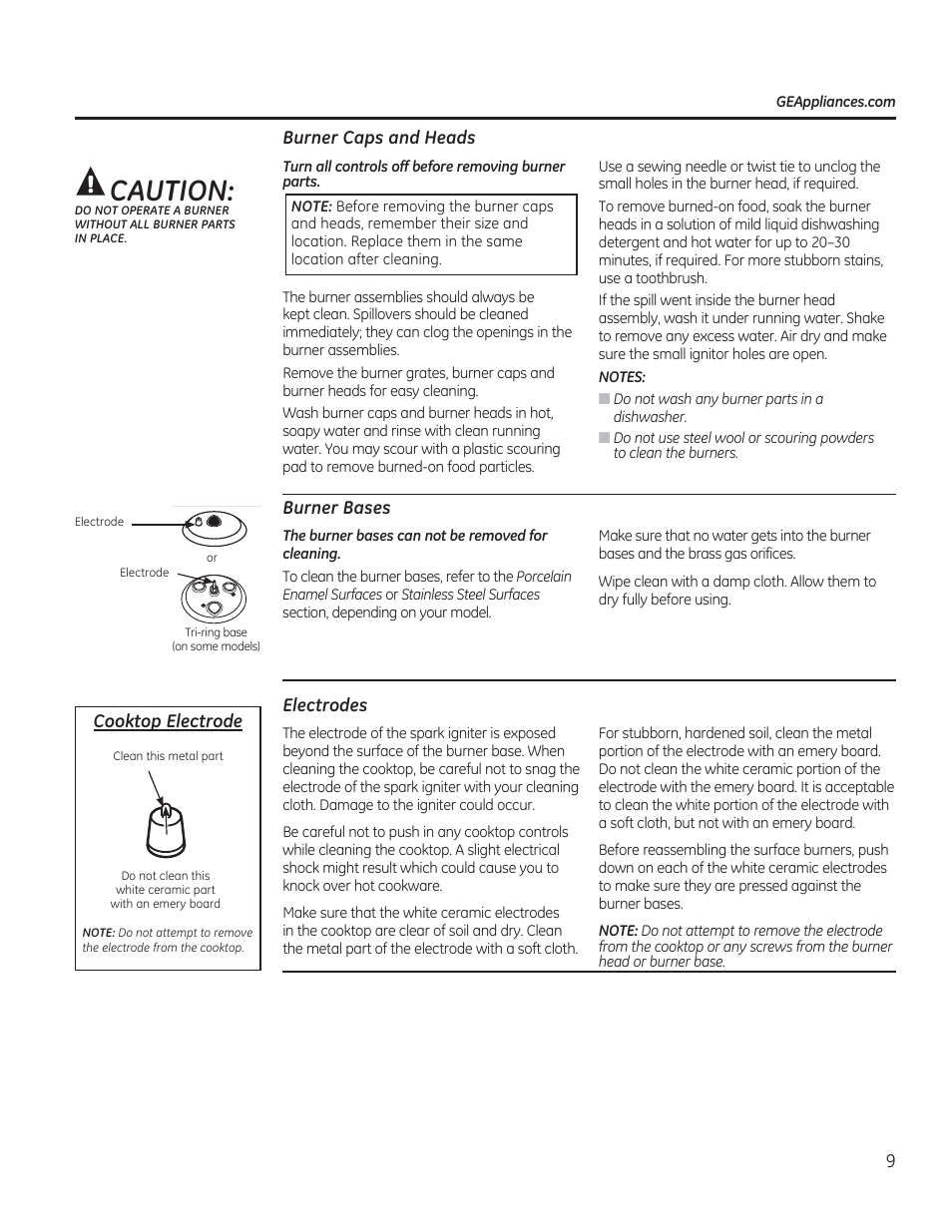 Burner caps and heads, Burner bases, Electrodes | Caution | GE PGP953DETWW User Manual | Page 9 / 48