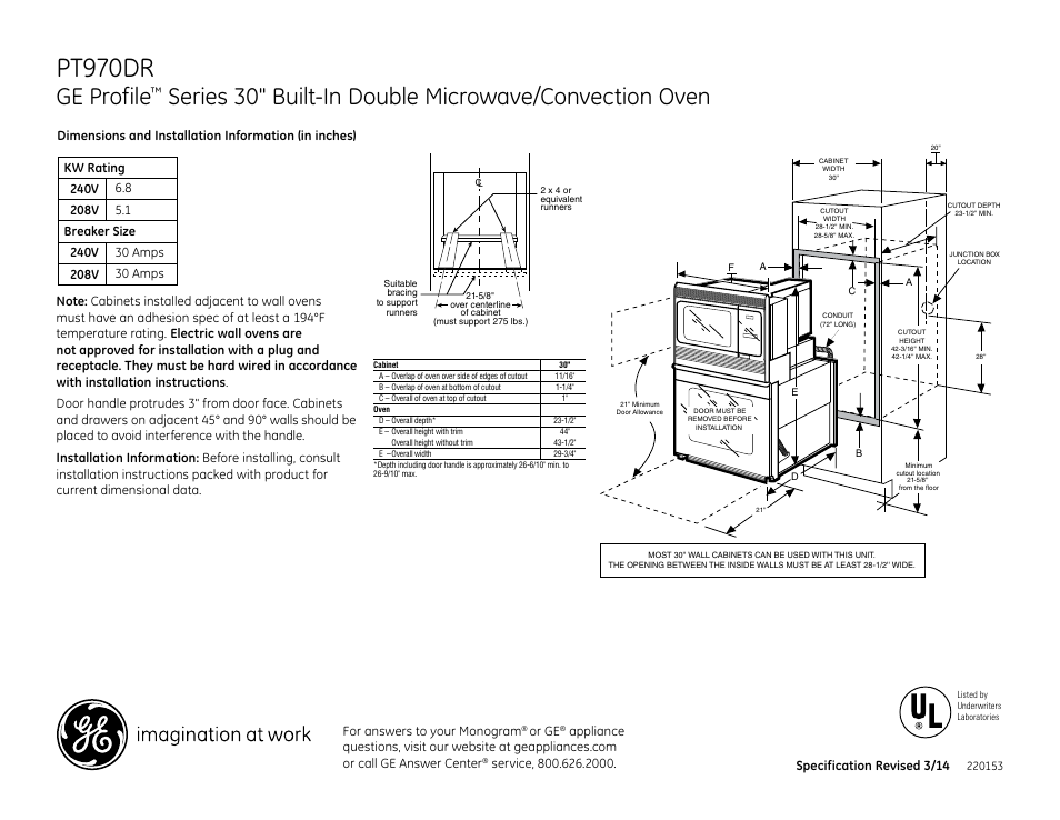 GE PT970DRWW User Manual | 2 pages