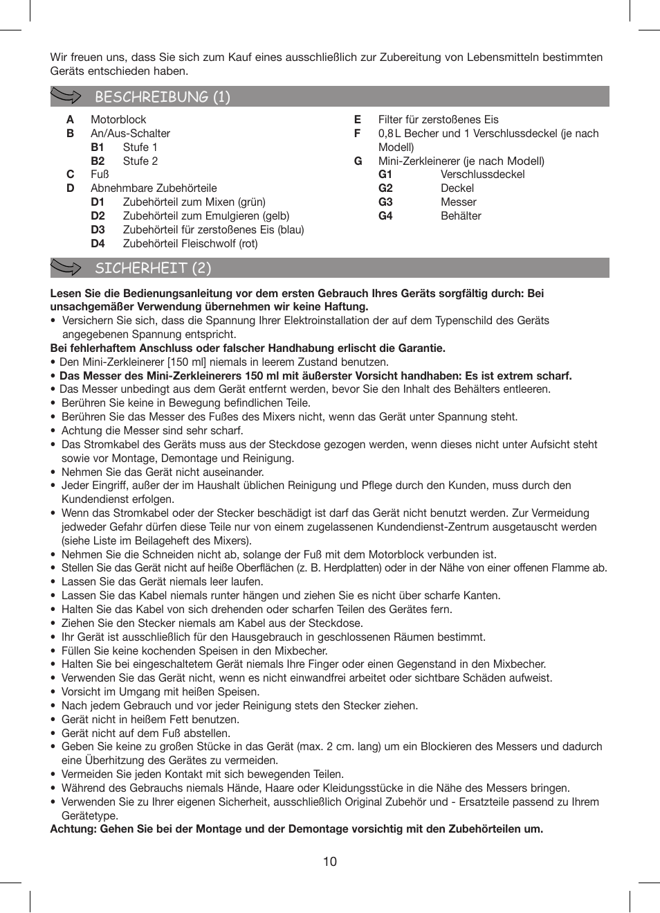 Beschreibung (1) sicherheit (2) | Moulinex Hapto Click and Mix User Manual | Page 10 / 54