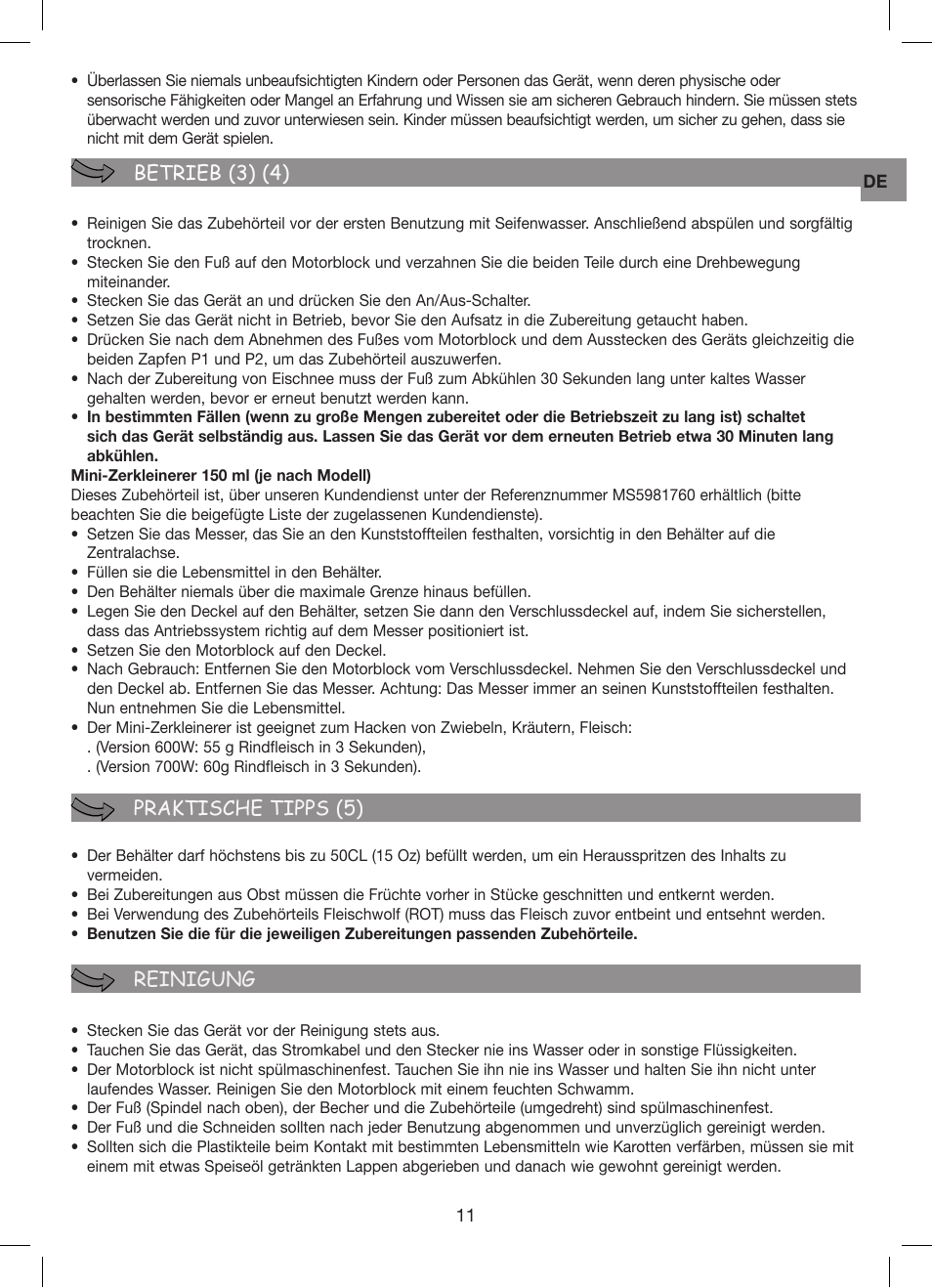 Betrieb (3) (4) praktische tipps (5) reinigung | Moulinex Hapto Click and Mix User Manual | Page 11 / 54