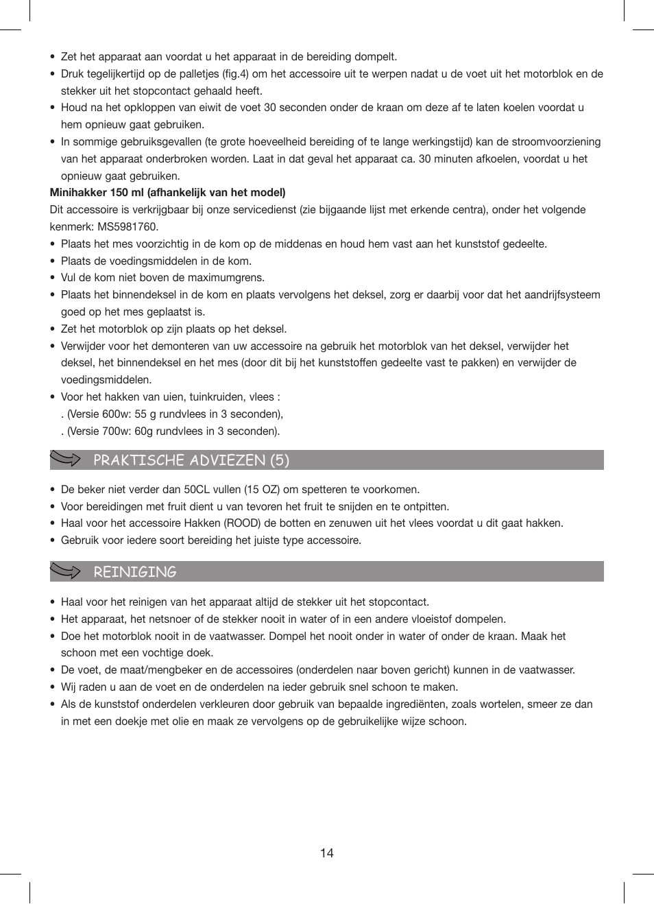 Praktische adviezen (5) reiniging | Moulinex Hapto Click and Mix User Manual | Page 14 / 54