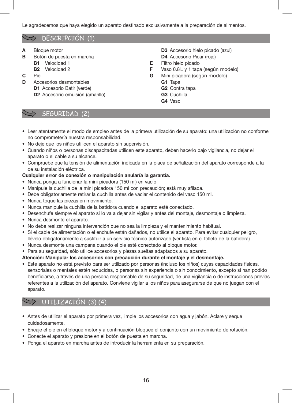 Descripción (1) seguridad (2) utilización (3) (4) | Moulinex Hapto Click and Mix User Manual | Page 16 / 54