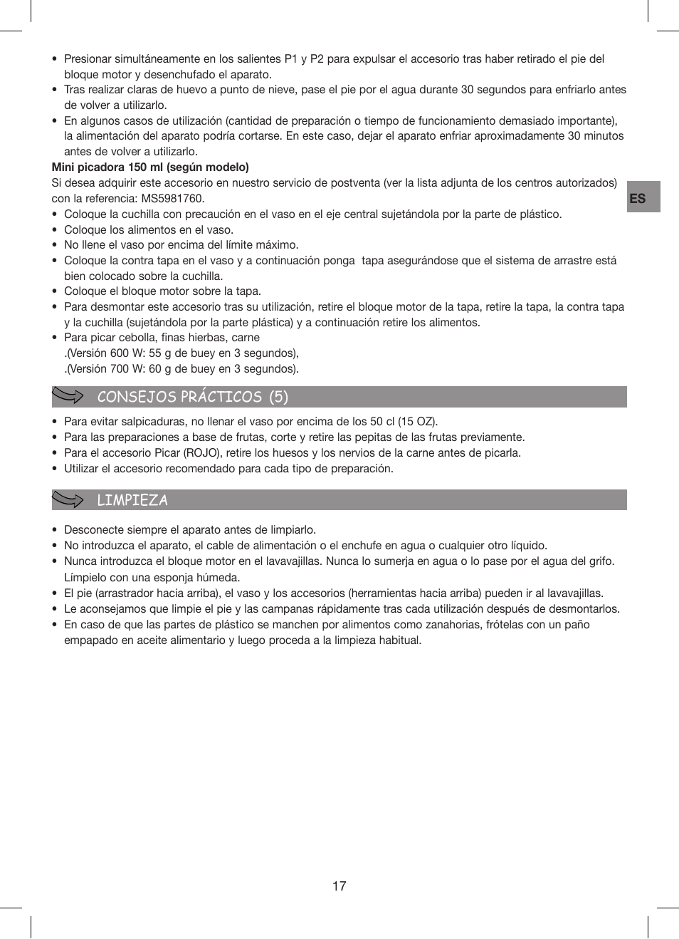 Consejos prácticos (5) limpieza | Moulinex Hapto Click and Mix User Manual | Page 17 / 54