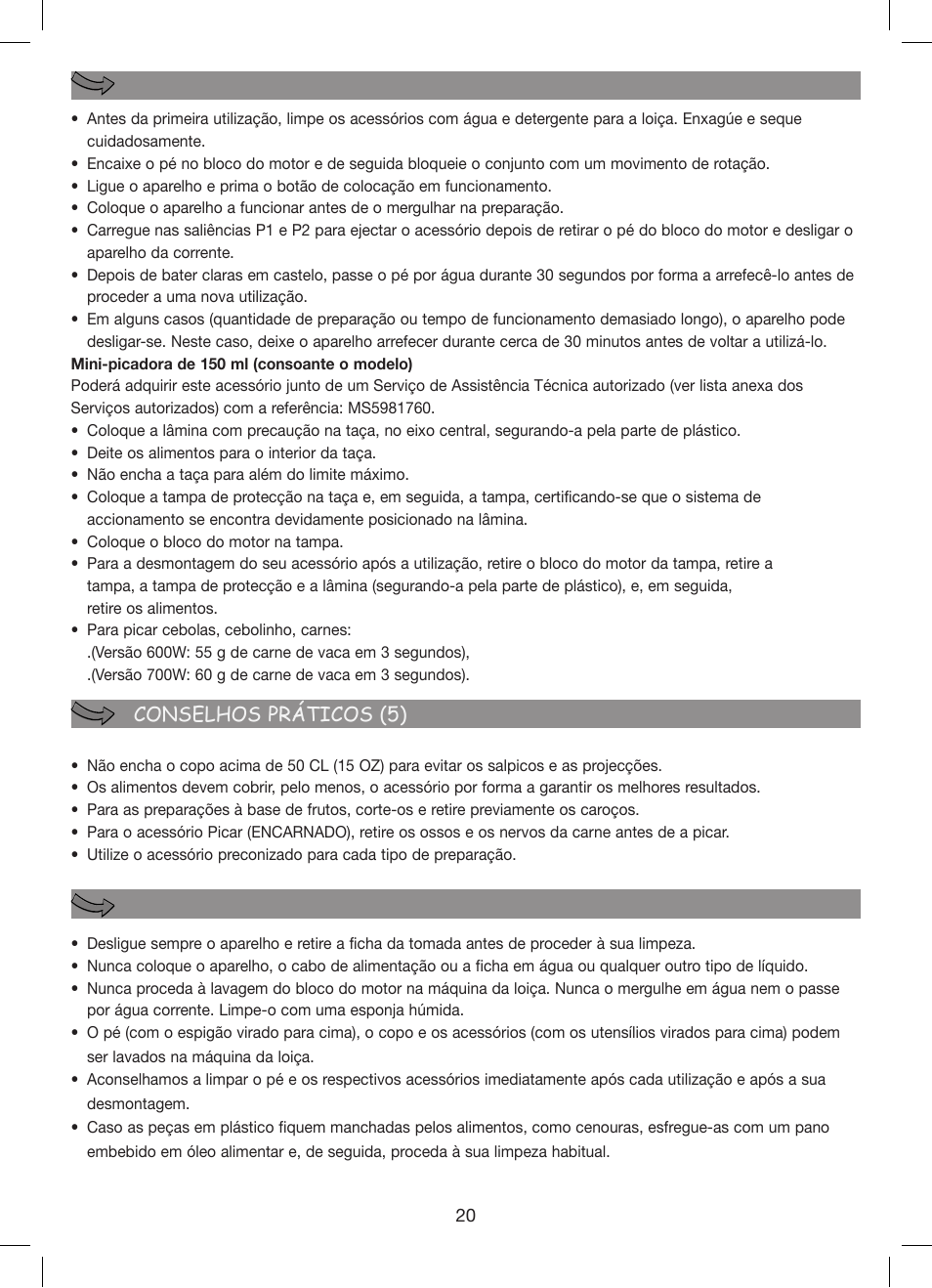 Limpeza utilização (3) (4) conselhos práticos (5) | Moulinex Hapto Click and Mix User Manual | Page 20 / 54