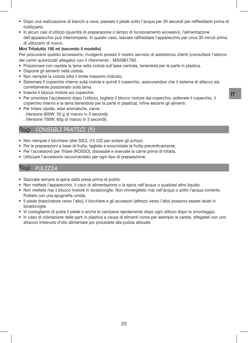 Consigli pratici (5) pulizia | Moulinex Hapto Click and Mix User Manual | Page 23 / 54