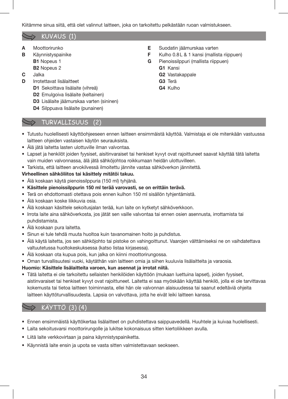 Kuvaus (1) turvallisuus (2) käyttö (3) (4) | Moulinex Hapto Click and Mix User Manual | Page 34 / 54