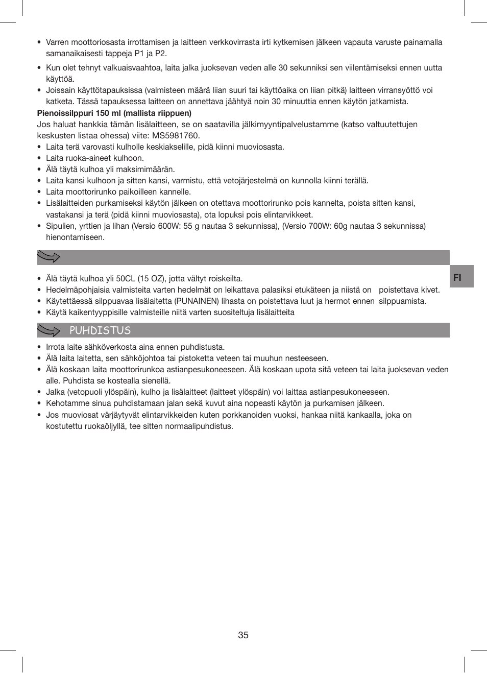 Puhdistus | Moulinex Hapto Click and Mix User Manual | Page 35 / 54
