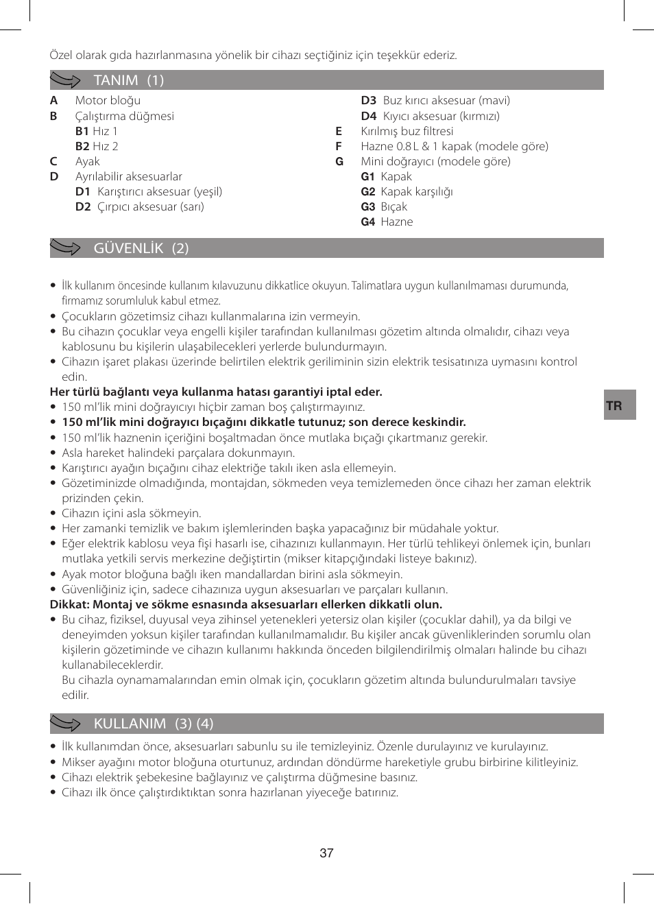 Tanim (1) güvenlik (2) kullanim (3) (4) | Moulinex Hapto Click and Mix User Manual | Page 37 / 54