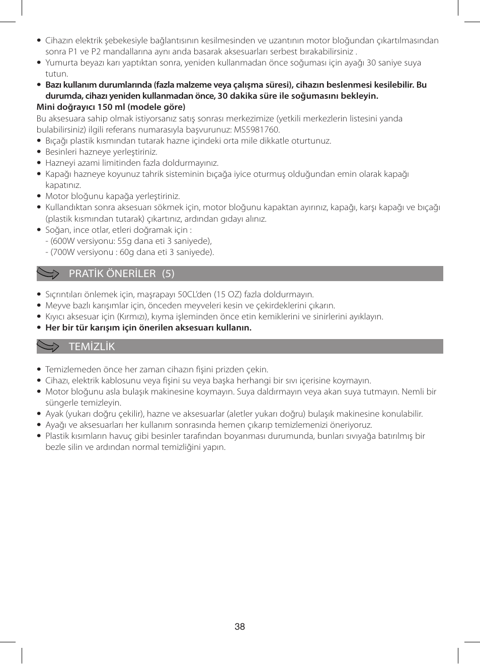 Pratik öneriler (5) temizlik | Moulinex Hapto Click and Mix User Manual | Page 38 / 54