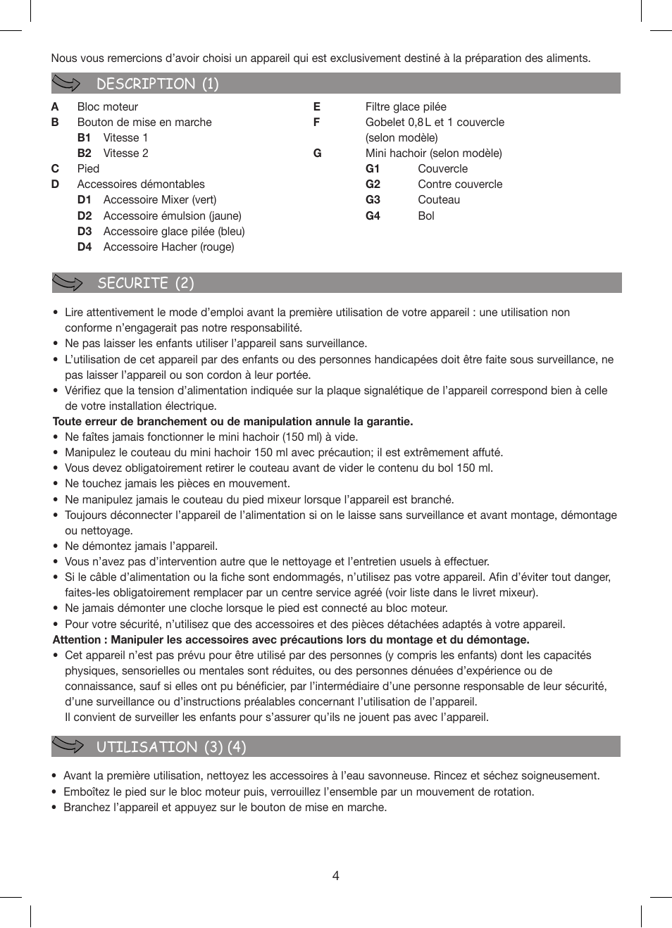 Description (1) securite (2) utilisation (3) (4) | Moulinex Hapto Click and Mix User Manual | Page 4 / 54