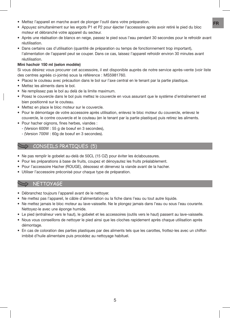 Securite (2) conseils pratiques (5) nettoyage | Moulinex Hapto Click and Mix User Manual | Page 5 / 54
