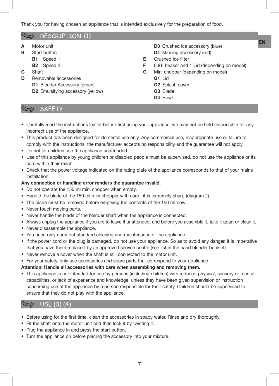 Description (1) safety use (3) (4) | Moulinex Hapto Click and Mix User Manual | Page 7 / 54