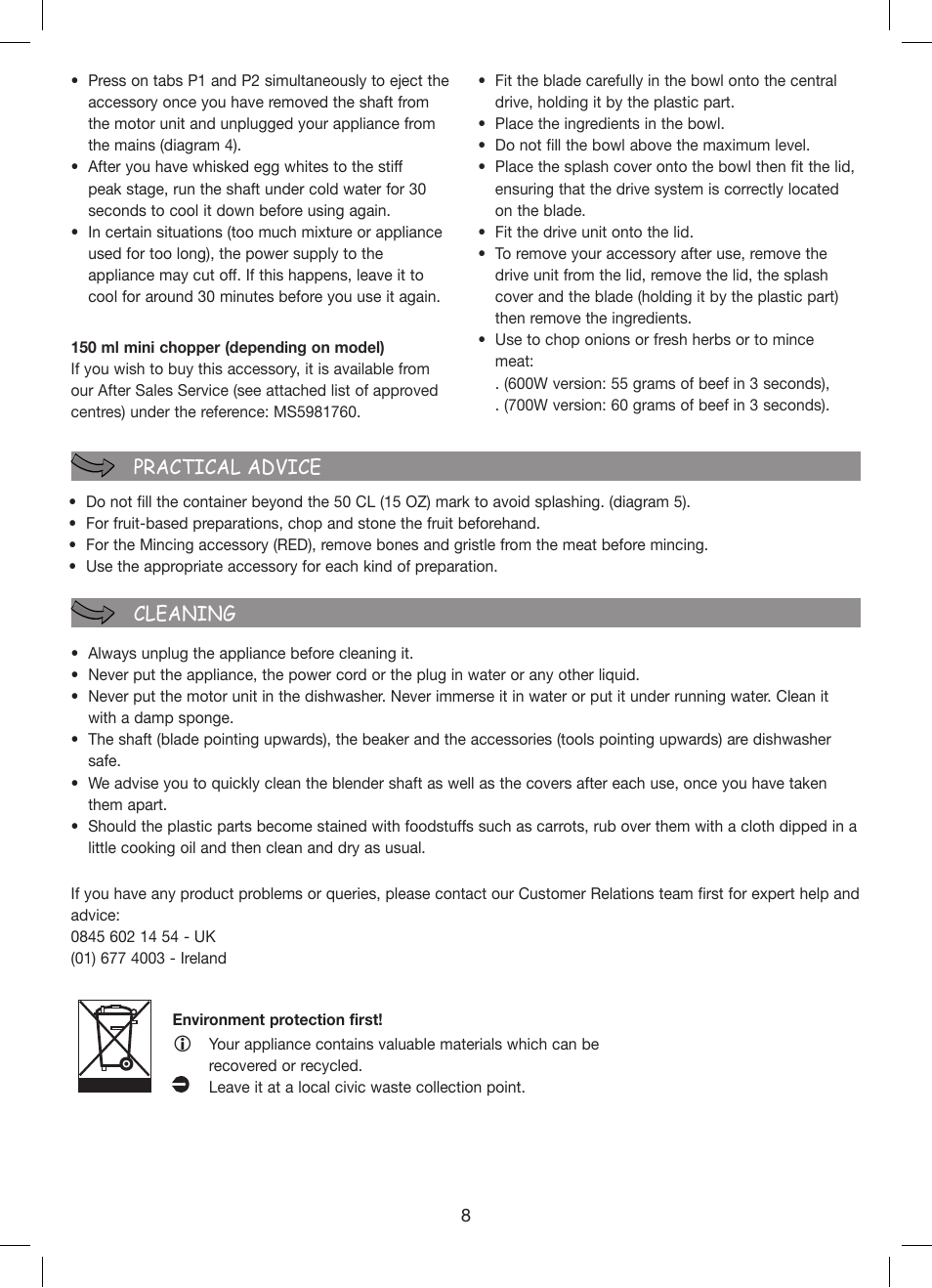 Practical advice cleaning | Moulinex Hapto Click and Mix User Manual | Page 8 / 54