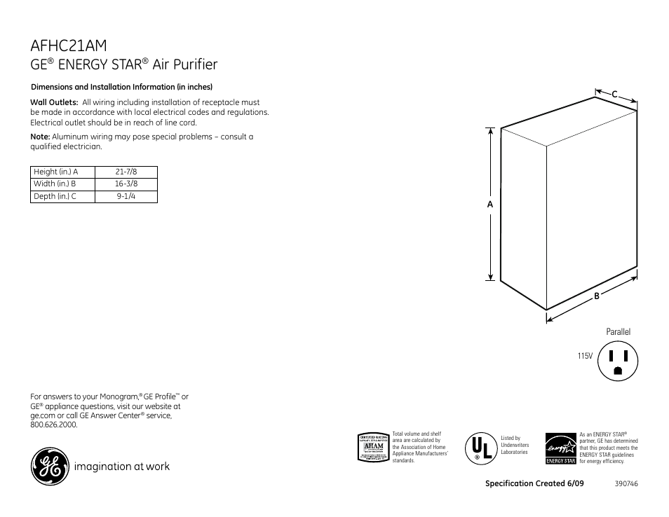 GE AFHC21AM User Manual | 2 pages