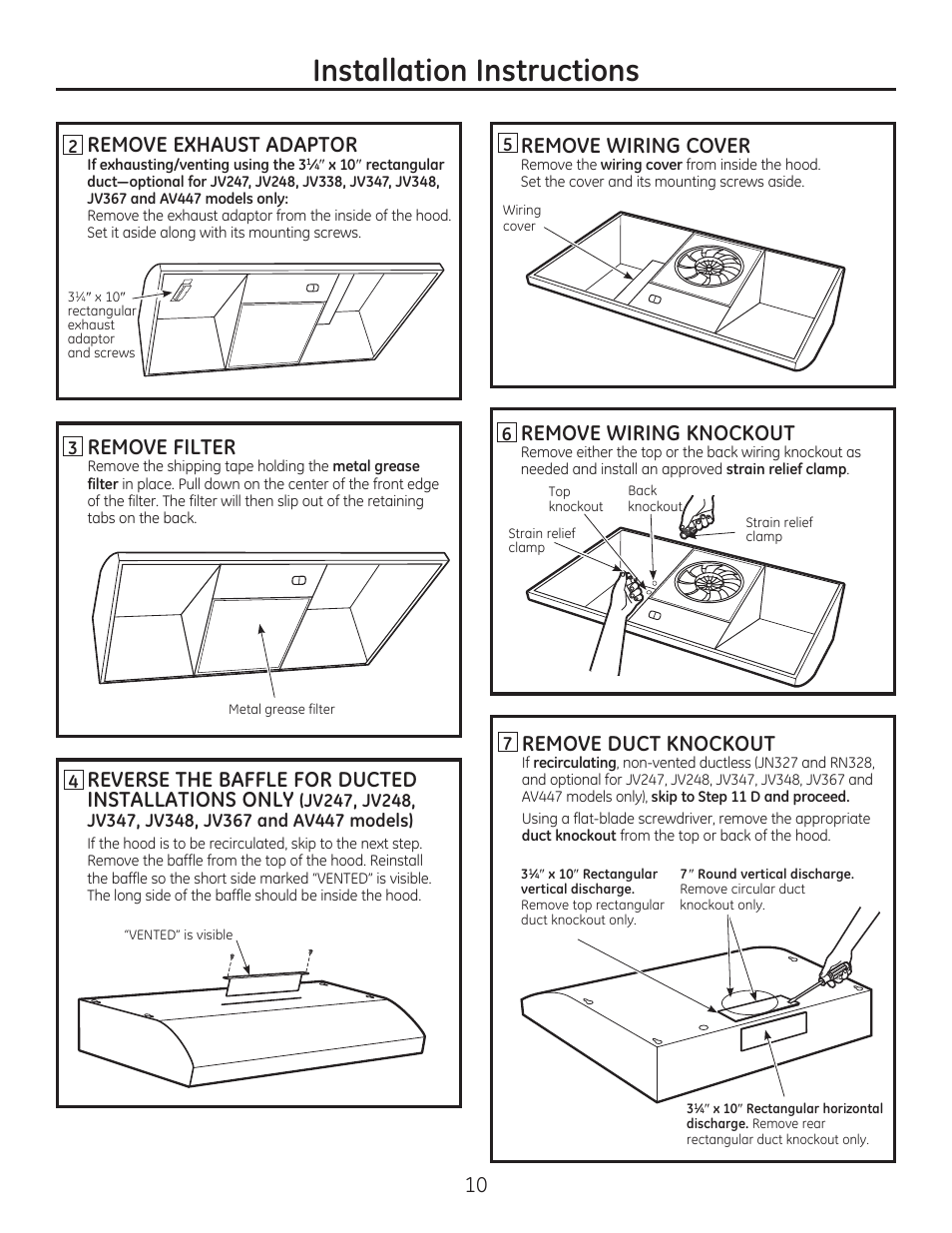 Installation instructions, Remove filter, Remove wiring cover | GE JV347HWW User Manual | Page 10 / 16