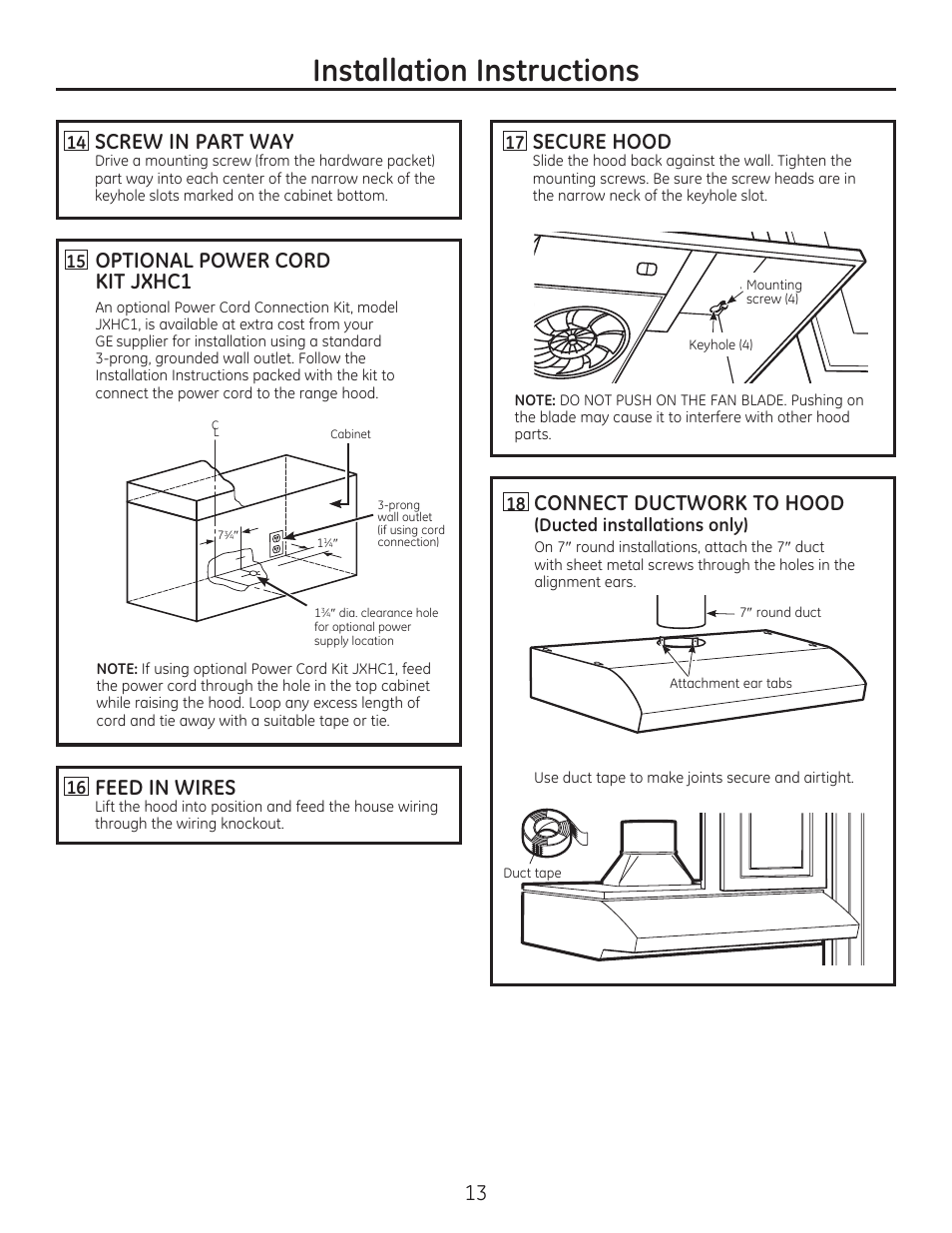 Installation instructions, Optional power cord .,7 | GE JV347HWW User Manual | Page 13 / 16