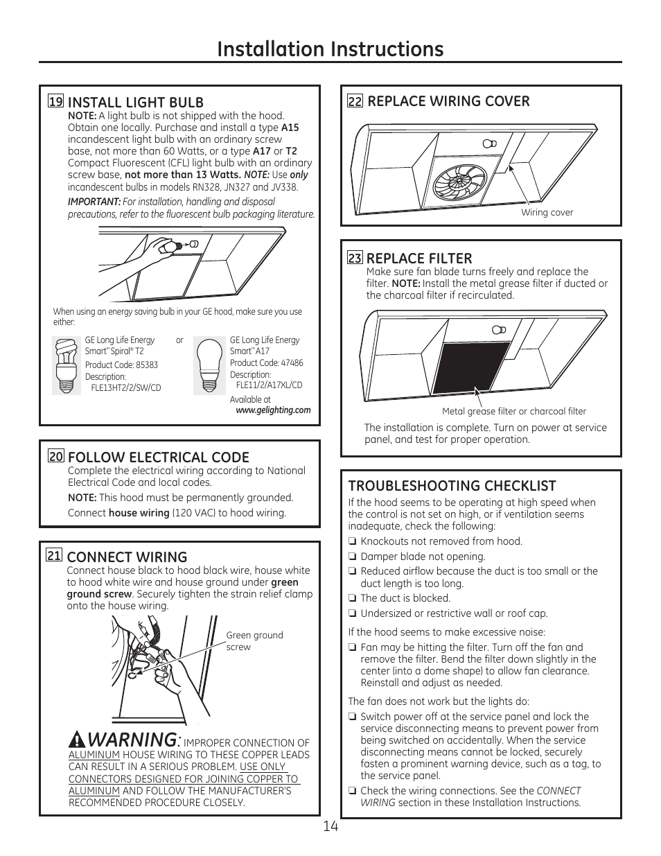 Installation instructions, Warning, 14 follow electrical code | Replace wiring cover connect wiring, Replace filter | GE JV347HWW User Manual | Page 14 / 16
