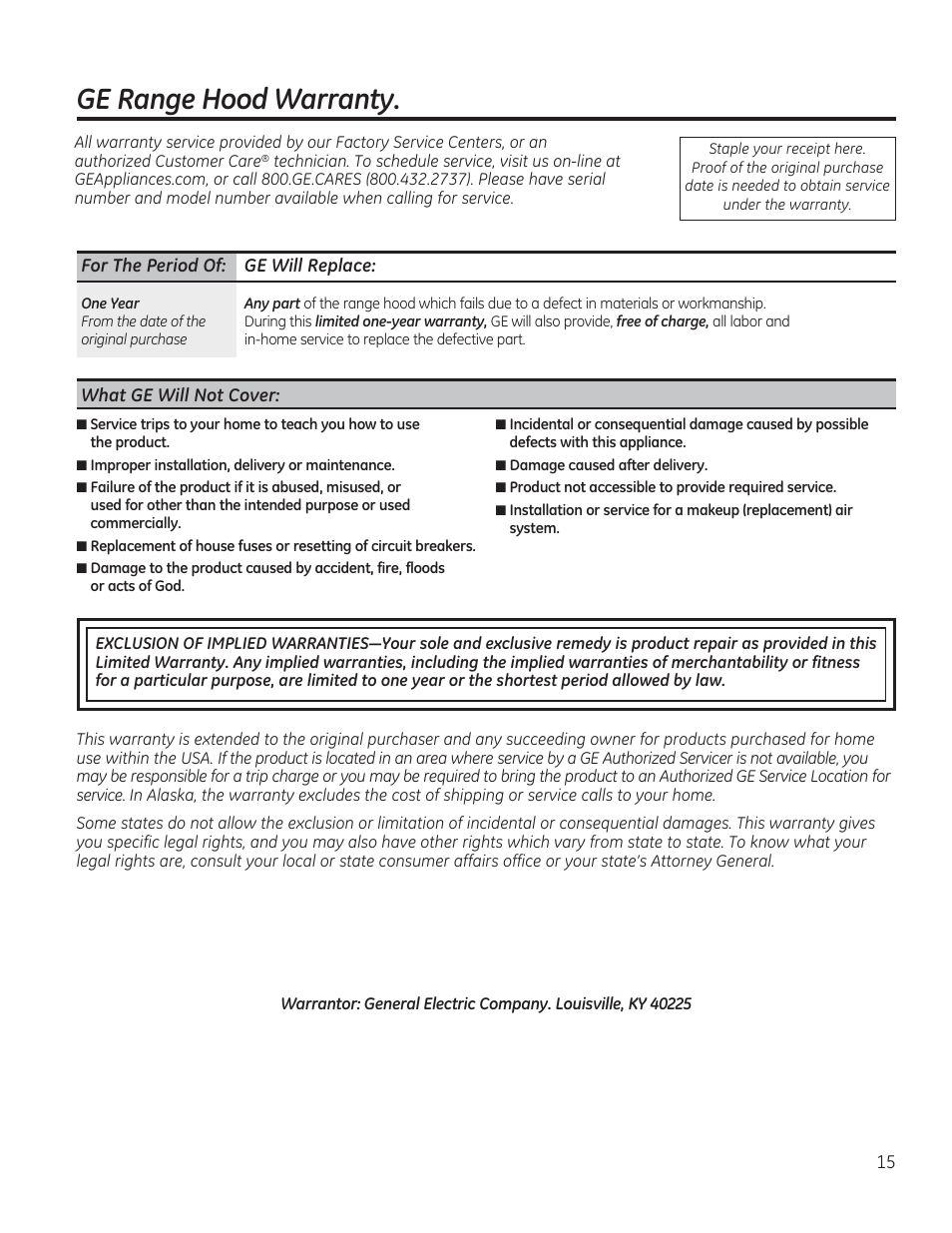 Ge range hood warranty | GE JV347HWW User Manual | Page 15 / 16