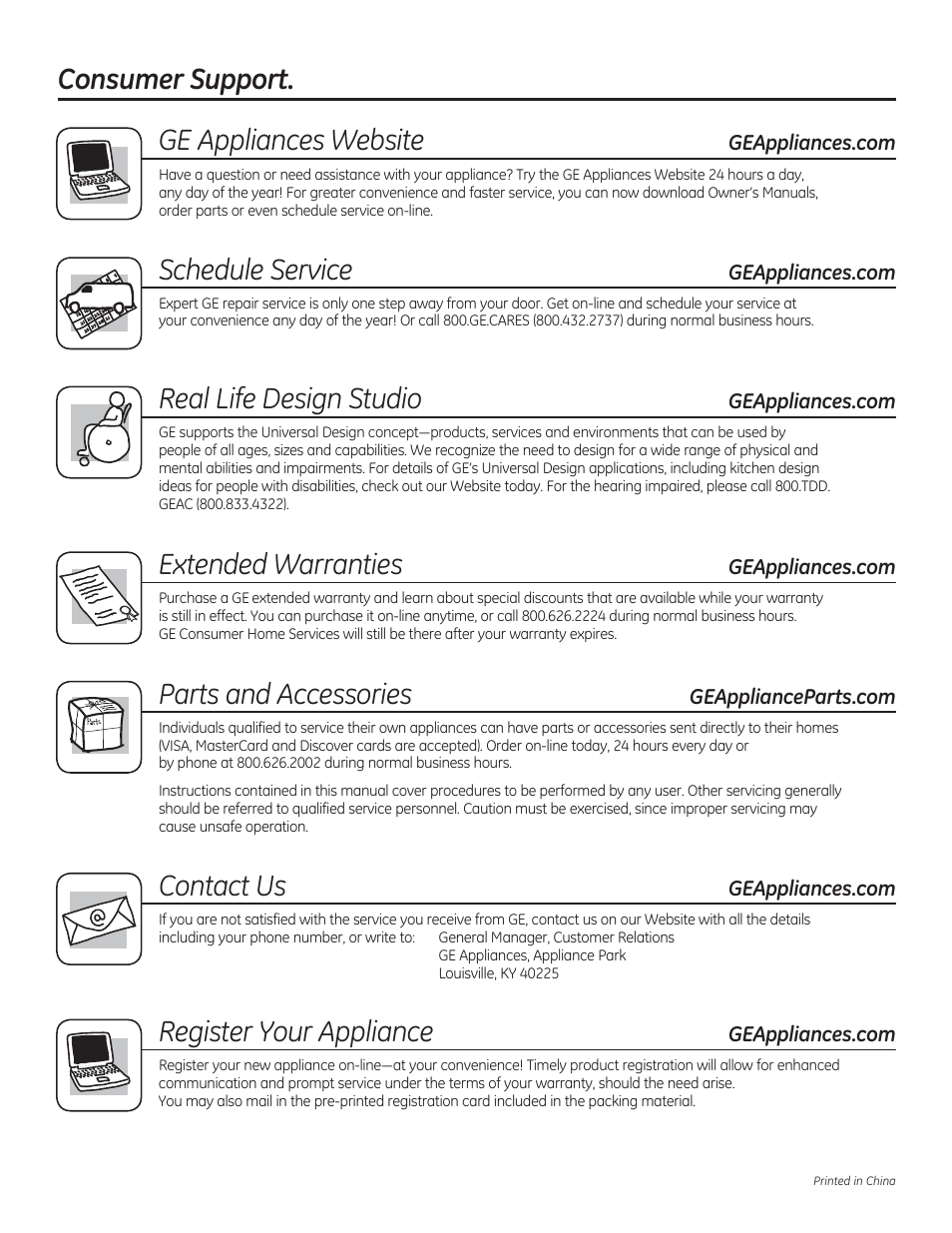 Consumer support. ge appliances website, Schedule service, Real life design studio | Extended warranties, Parts and accessories, Contact us, Register your appliance | GE JV347HWW User Manual | Page 16 / 16